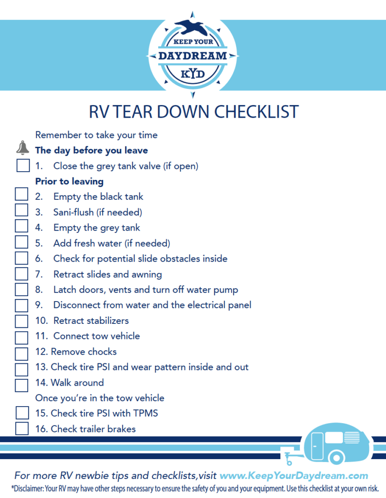 travel trailer set up and tear down checklist